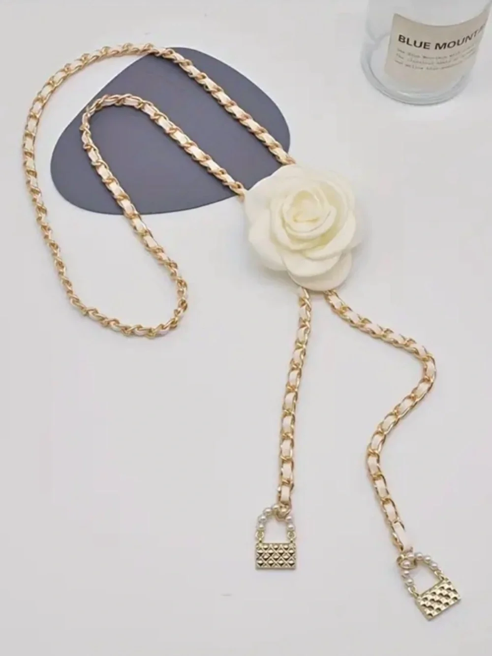 Gold Chain Lariat Necklace with Cream Rose